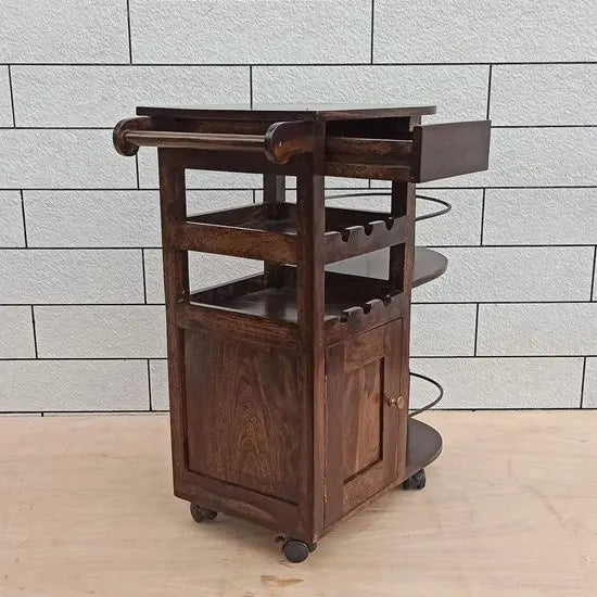 One Door and One Drawer Logan Bar Cabinet Walnut With Wheels For Move Easily.