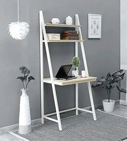 Solid Wood and Metal Frame Ladder Study Table White. Two Open Shelf for Keeps Books and Laptop.