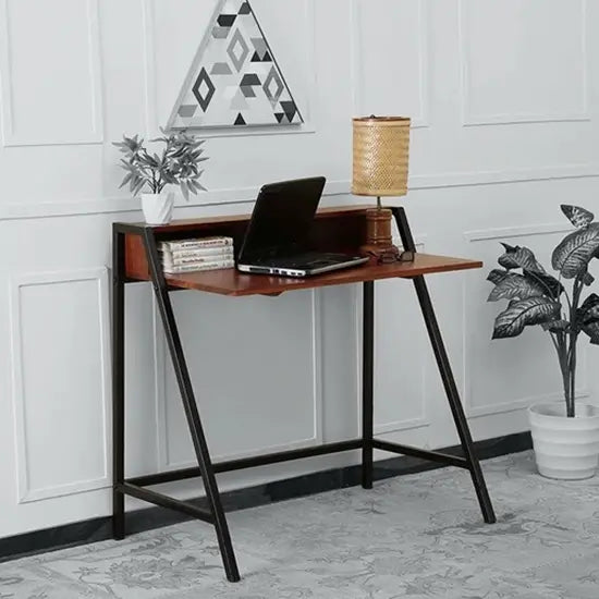 Open Shelf Neural Duo Desk Made in Solid Sheesham Wood and Metal Frame.