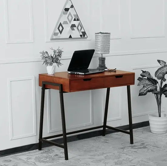 Solid Wood Two Drawer Neural School Desk With Metal Frame.
