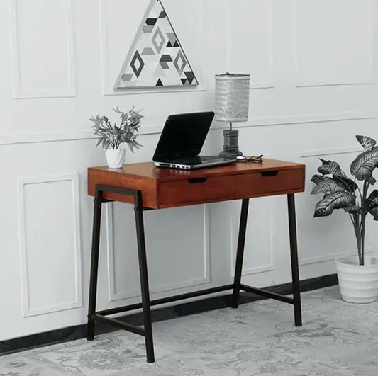 Solid Wood Two Drawer Neural School Desk With Metal Frame.
