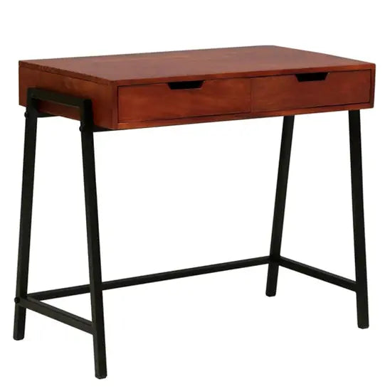 Two Drawer Neural School Desk Made in Sheesham Wood and Metal Stand.