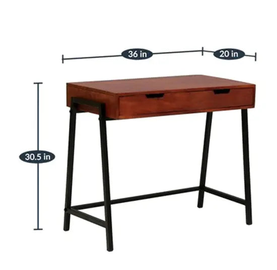 Two Drawer Neural School Desk The frame is metal, and the tabletop is made of solid Sheesham wood.