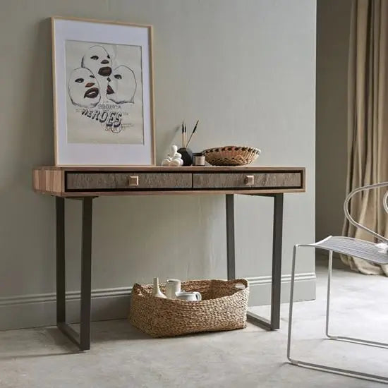 A Jarrah Console Table with acacia wood top and metal legs, and stone venner on darwers front.