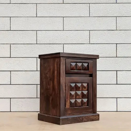 One Door One Drawer Diamond Bedside Made in Solid Sheesham Wood.