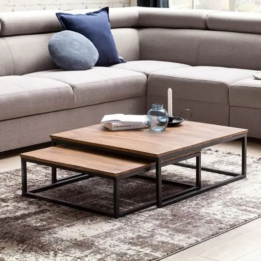 Nested square coffee tables made of Sheesham wood with a metal frame.