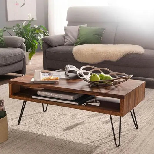 Modern style Albert Coffee Table with a solid Sheesham wood top and sleek metal hairpin legs.