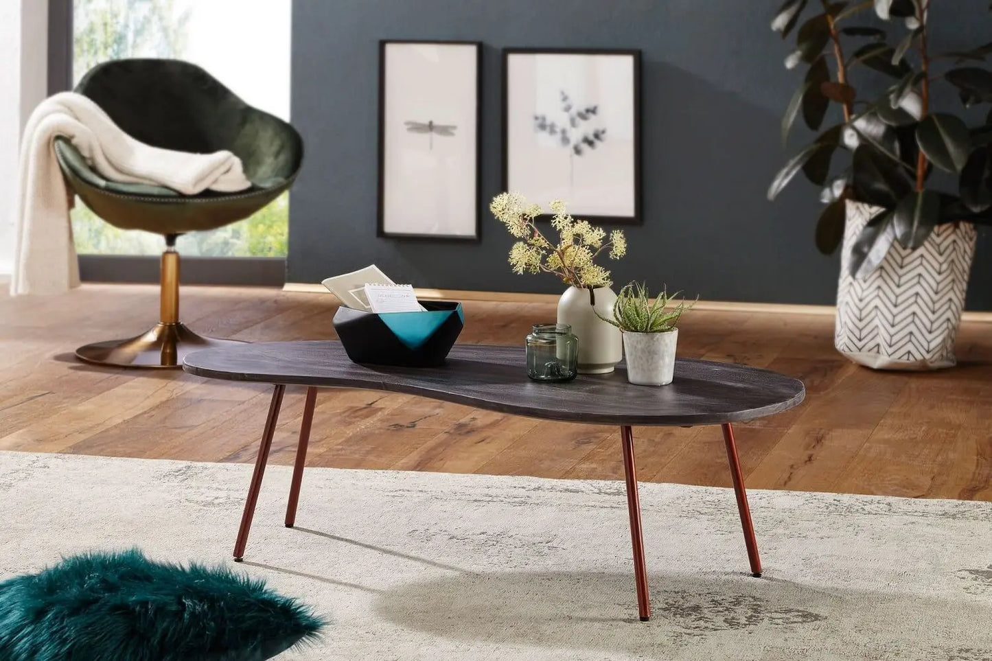 Wooden and metal frame oval shape dark bean cofffee table.