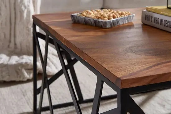 Square shaped Evona coffee table Made in Solid sheesham wood and metal frame.