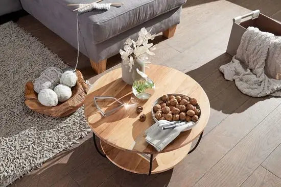 Solid wood and Metal frame Round shaped two shelf Hoop coffee table.