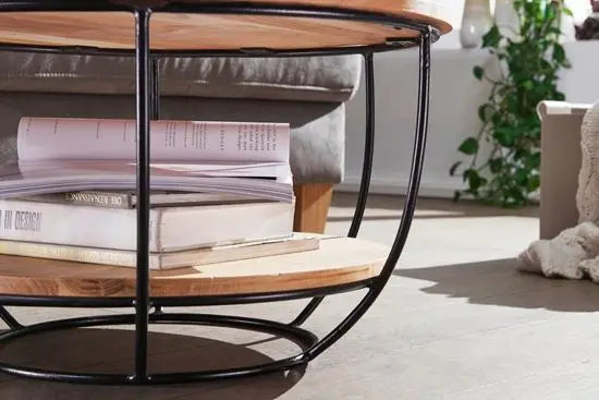 Solid acacia wood and Metal frame round shaped two shelves Hoop coffee table.