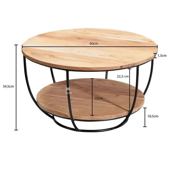 wooden and Metal frame round shaped two shelves Hoop coffee table.