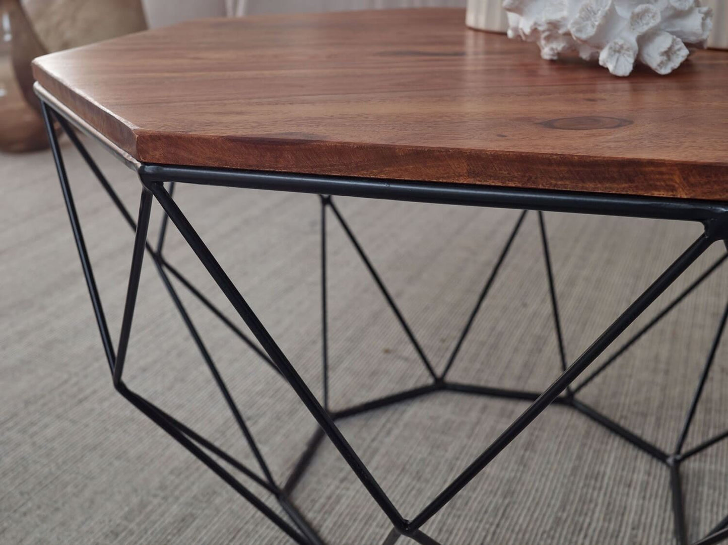 Solid sheesham wood Hexagonal Shape table with geometric black metal base.