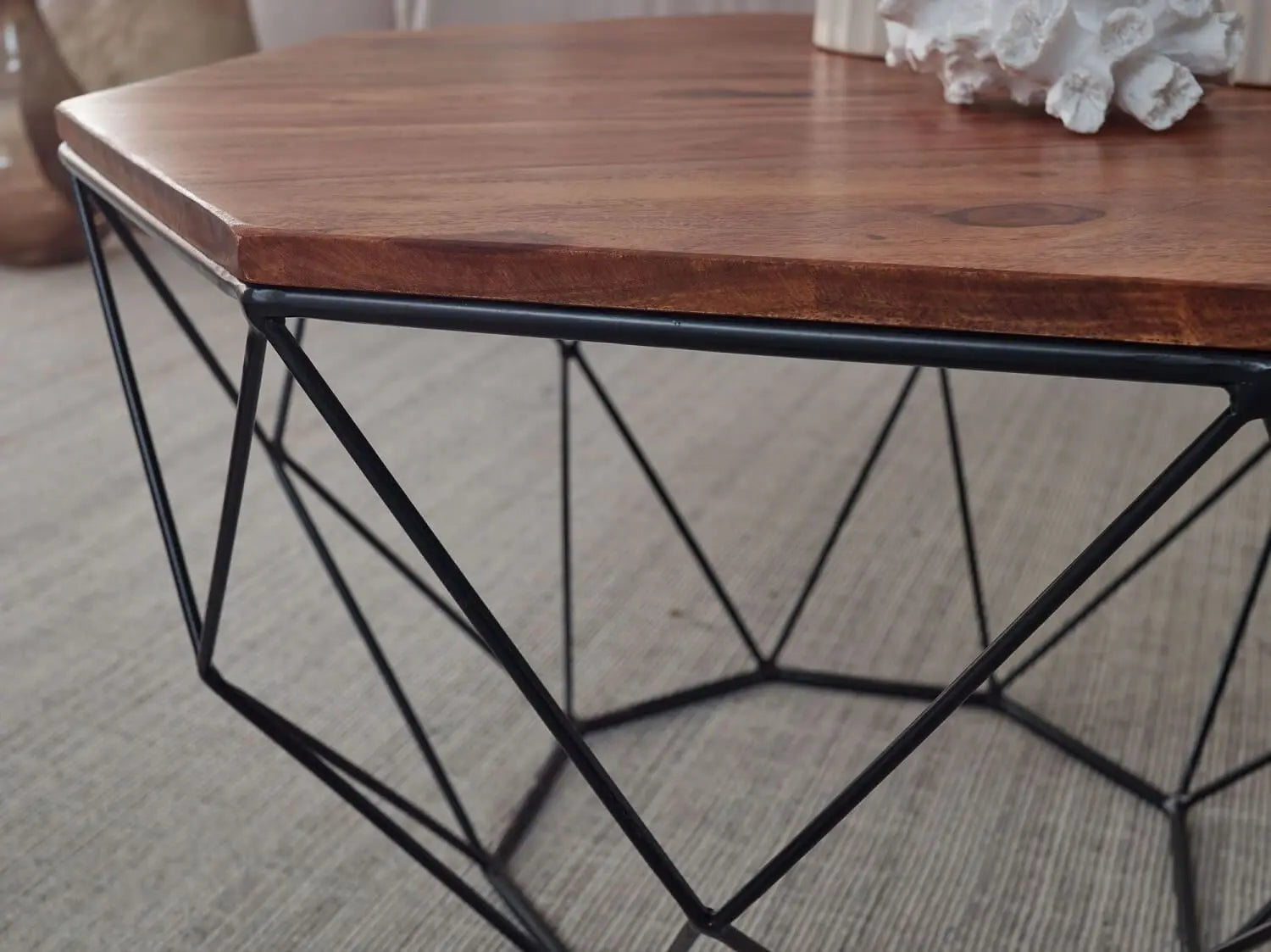 Solid sheesham wood Hexagonal Shape table with geometric black metal base.