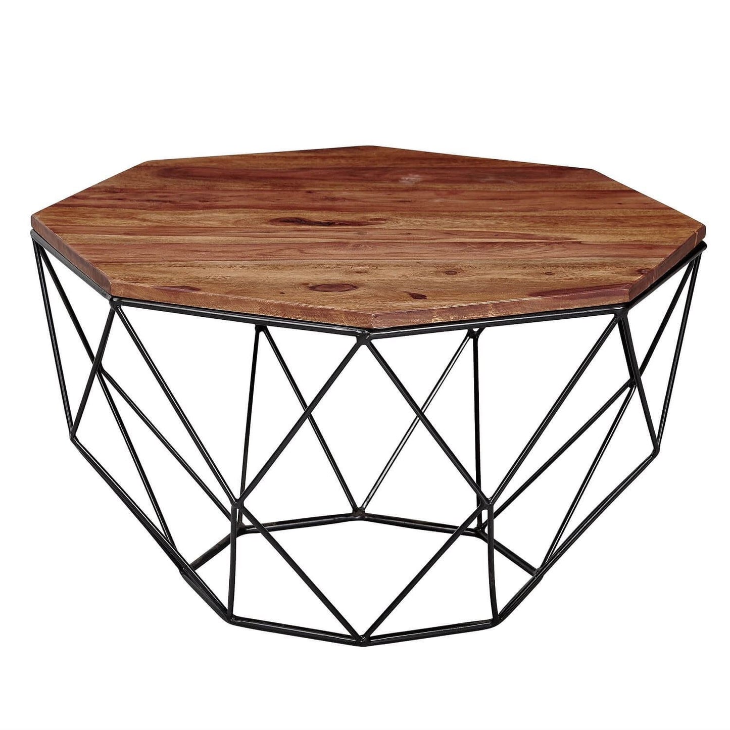 Hexagonal Shape Solid wood Kerry coffee table with geometric black metal frame base.