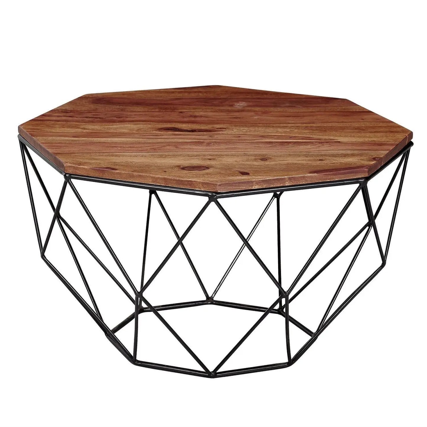 Hexagonal Shape Solid wood Kerry  coffee table with geometric black metal frame base.