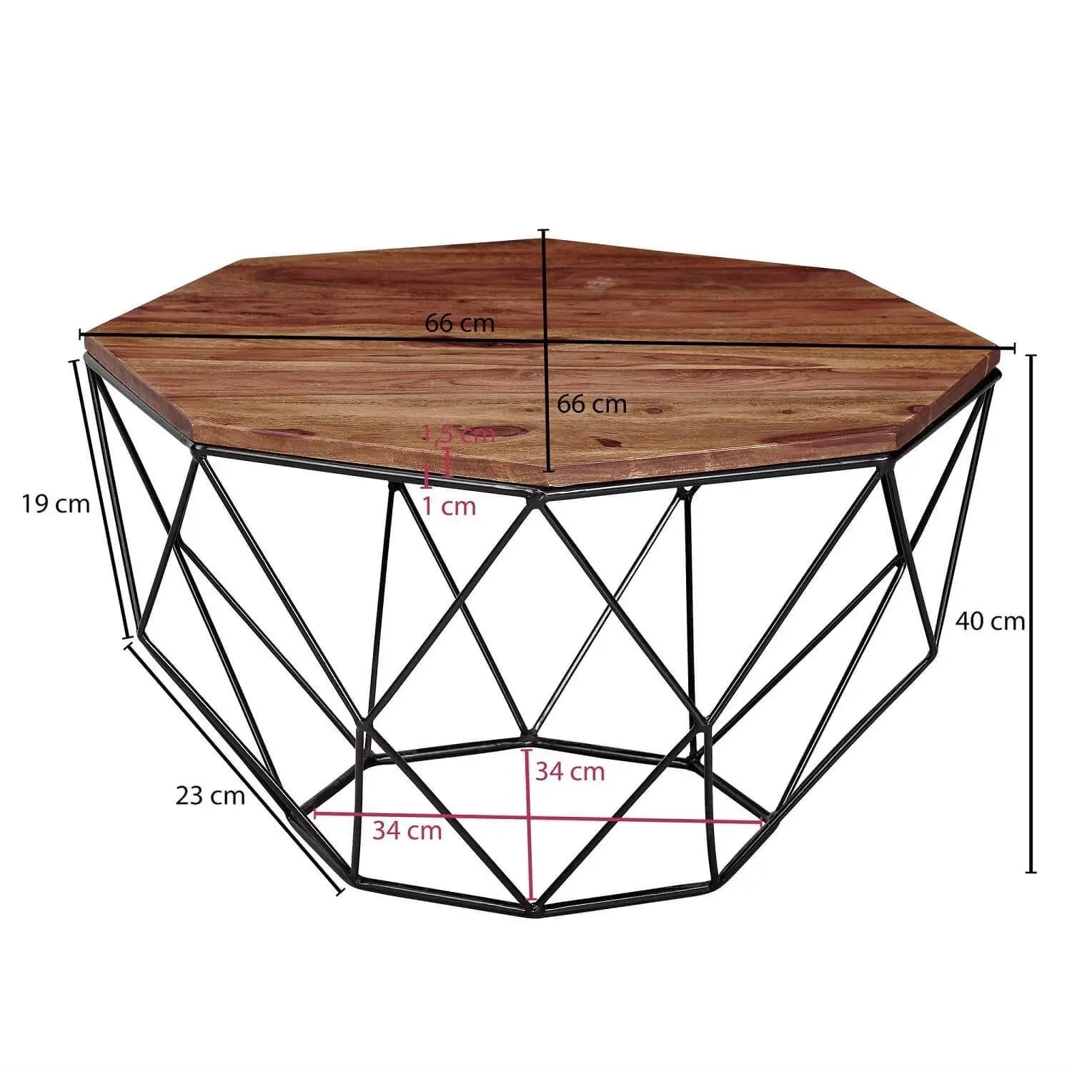 Wooden Hexagonal shape Kerry coffee table with geometric metal frame Base.