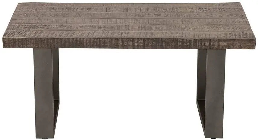 Solid wood and metal frame rectangle shaped distress dark jett coffee table.