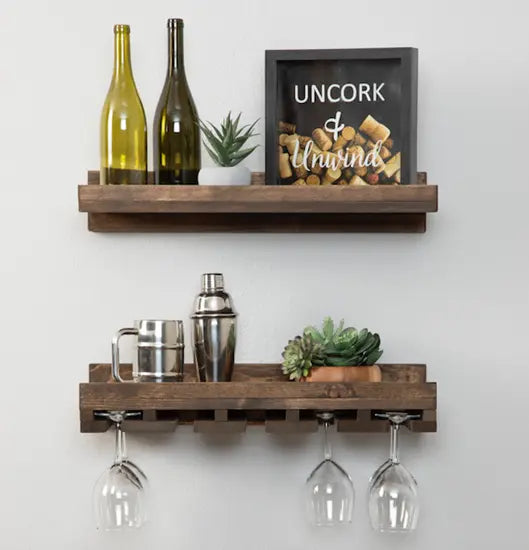 Solid Wood Glass Hanger and Bottle Rack Rustic Wall Mount Bar.