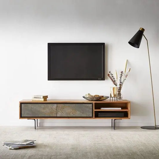 A Jarrah Tvc entertainment center with two doors and open shelves, featuring metal legs and a television on top, set against a neutral background.