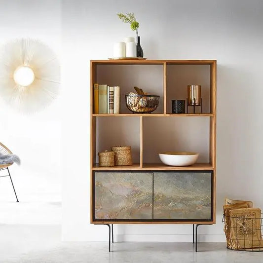 Four Open Shelf Two Door Jarrah Display Made in Solid Acacia Wood, Stone Design Vinner and Metal.