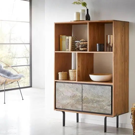 Solid Wood and Metal Legs Four Shelf and Two Door Jarrah Display.