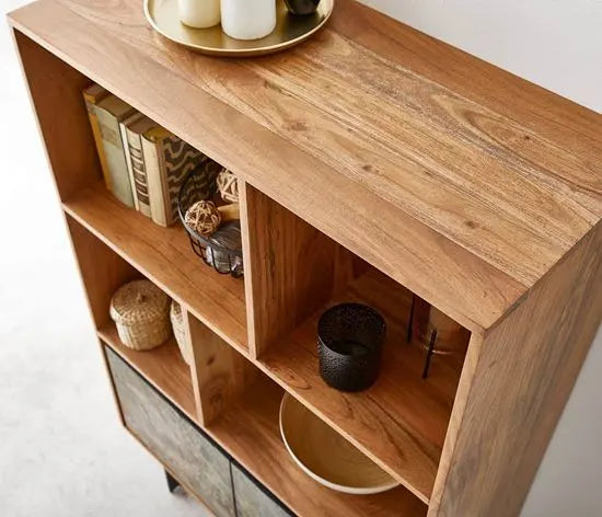 Acacia Wood and Metal Legs Four Shelf and Two Door Jarrah Display.