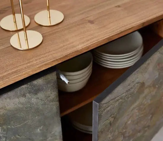 Solid Acacia Wood and Metal Legs Two Door Three Drawer Jarrah Cabinet. This Sideboard Door and Drawer Open Is Push To Open.