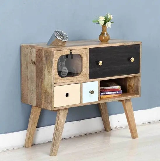 Mango wood chest with three drawers and 1 door.
