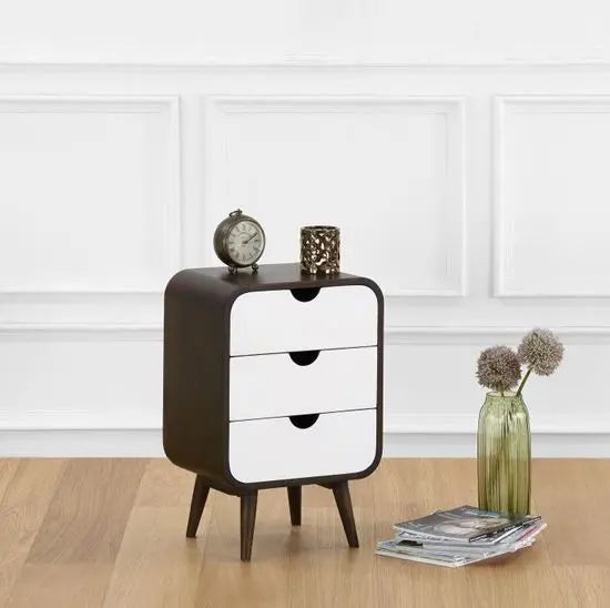 Three Drawer Round Edge Braithwaite Side Table made in Solid Mango Wood With Walnut and Drawer White Finish.