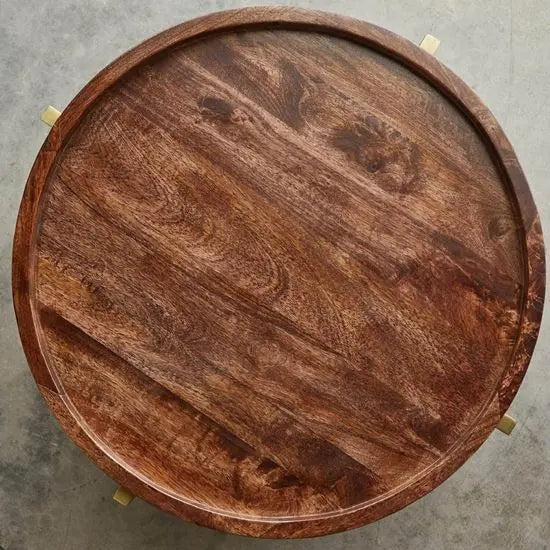 Solid mango wood and Metal stand Round shaped alanis coffee table with two additional shelves for keeps decorative item and books newspaper etc.