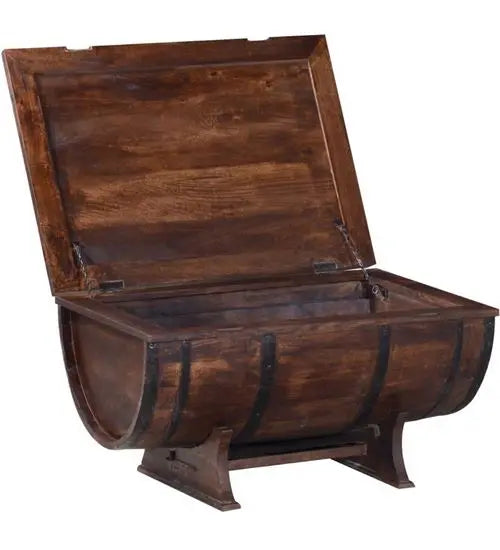 Solid sheesham wood barrel shaped coffee table Walnut with metal strips on the sides.