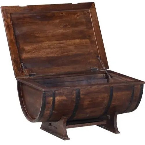 Solid sheesham wood barrel shaped coffee table Walnut with metal strips on the sides.