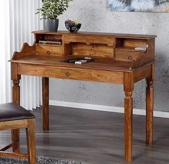 Three Drawer and Three Open Shelf Kristina Study Desk Made in Solid Sheesham Wood.