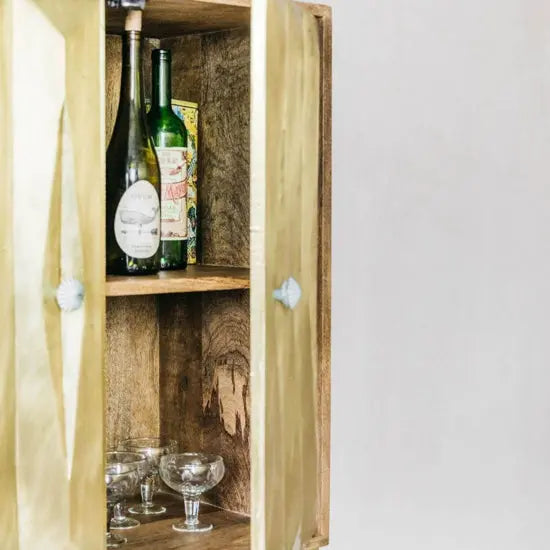 Solid Mango Wood and Metal Stand Two Door Hopton Brass Bar.