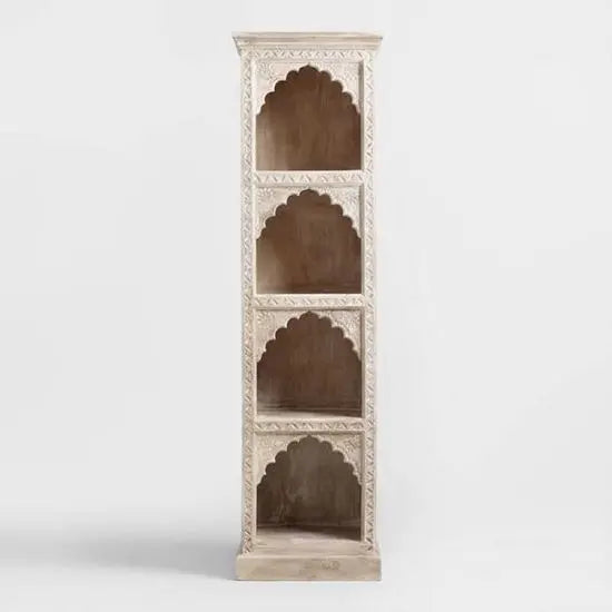 Solid Mango Wood Four Open Shelf Carving Design Alberto Bookshelf.