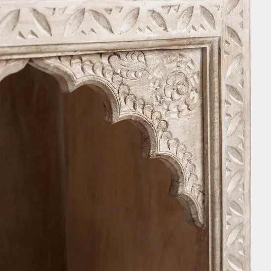 Mango Wood Four Open Shelf Carving Design Alberto Bookshelf.