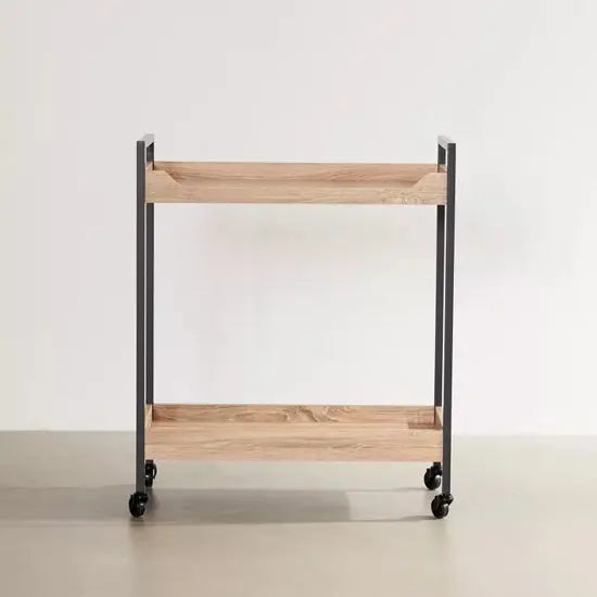Side view of serving trolly in metal and wood.