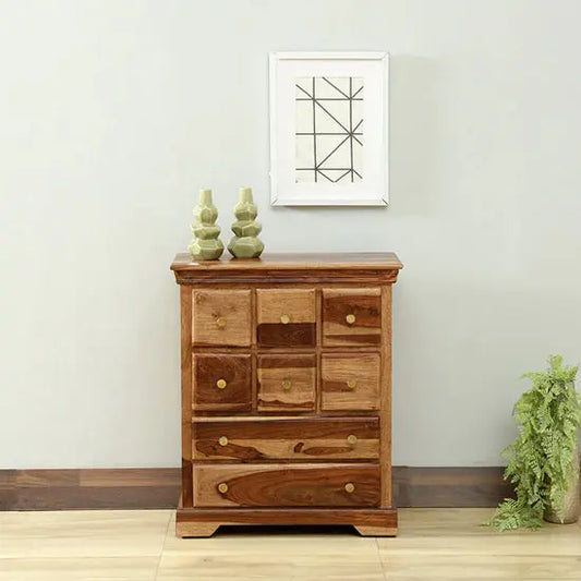 Vintage Chest made of Sheesham wood with multiple drawers, featuring metal handles and a natural wood finish.
