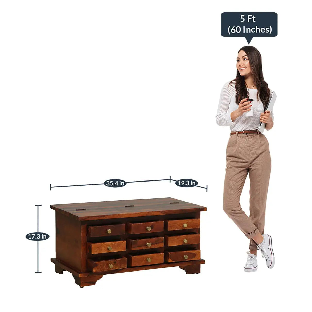 Solid wood nine drawer and one half open door storage Nona dune coffee table.