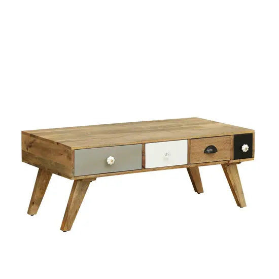 Solid mango wood rectangular Quatro Coffee Table with multicolored drawers and open shelves.
