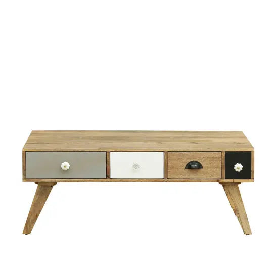 Wooden rectangular Quatro Coffee Table with multicolored drawers and open shelves.