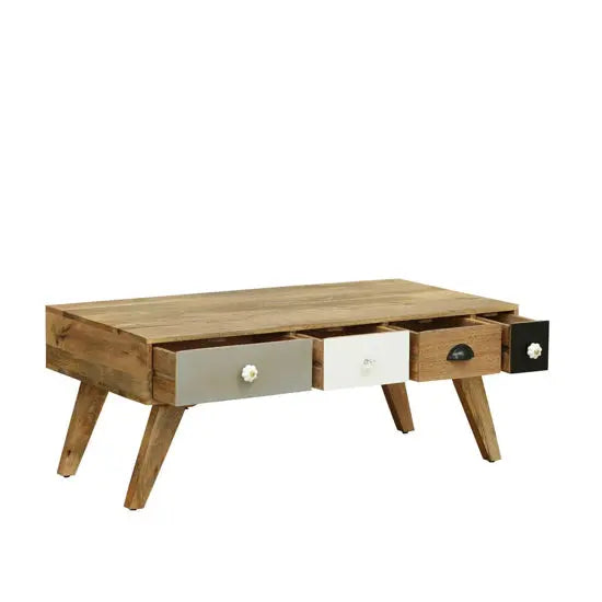 Mango wood rectangular Quatro Coffee Table with multicolored drawers and open shelves.