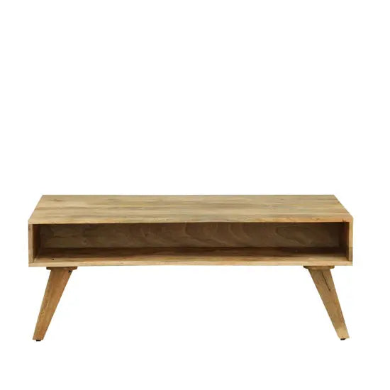 Wooden rectangular Quatro Coffee Table with multicolored drawers and open shelves.