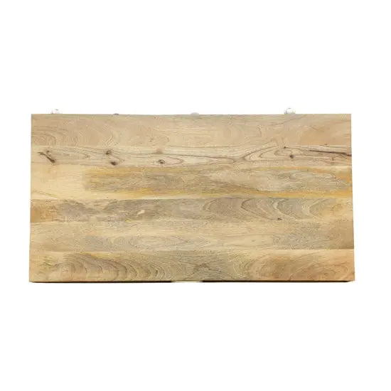 Solid wood rectangular Quatro Coffee Table with multicolored drawers and open shelves.