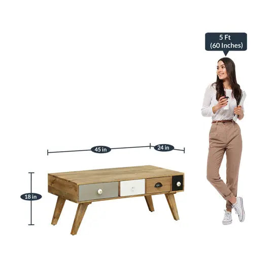 Mango wood rectangular Quatro Coffee Table with multicolored drawers and open shelves.