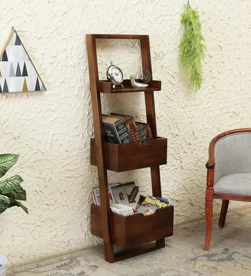 Three Pocket Shelf Brown Wizard Kidora Bookcase Made in Solid Mango Wood.