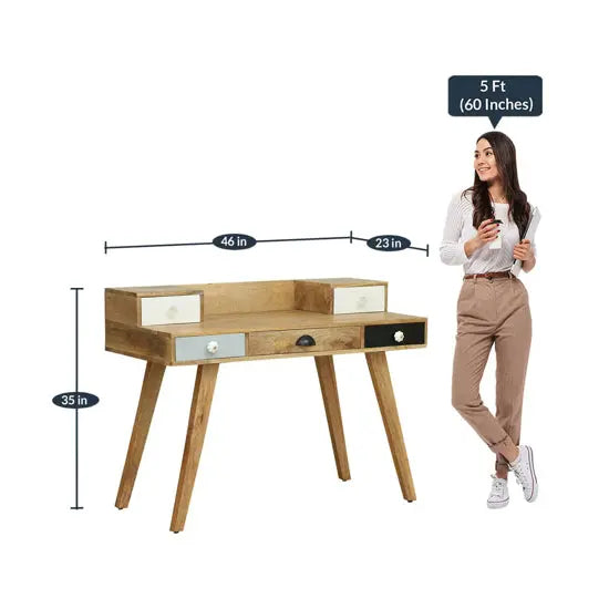 Solid mango Wood Multi Rino Desk With Five Storage Drawers for keeps Uses Items.