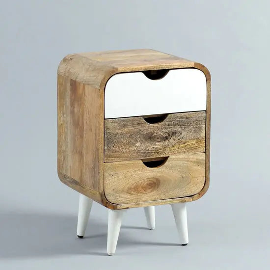 Round Edge Three Drawer Braithwaite Bedside Table Cone Design Leg Made in Solid Mango Wood With Mango Natural, Top Drawer and Legs White Finish.