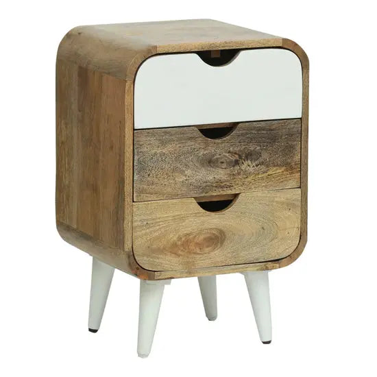 Solid Wood Round Edge Three Drawer Braithwaite Bedside Table White With Cone Design Leg.
